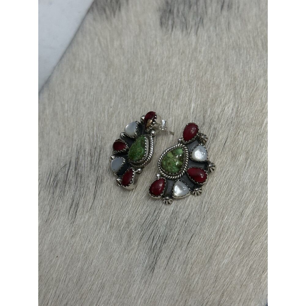 Sterling Silver Sonoran Gold Turquoise Red Dahlia Mother Pearl Cluster Earrings - Picture 10 of 13